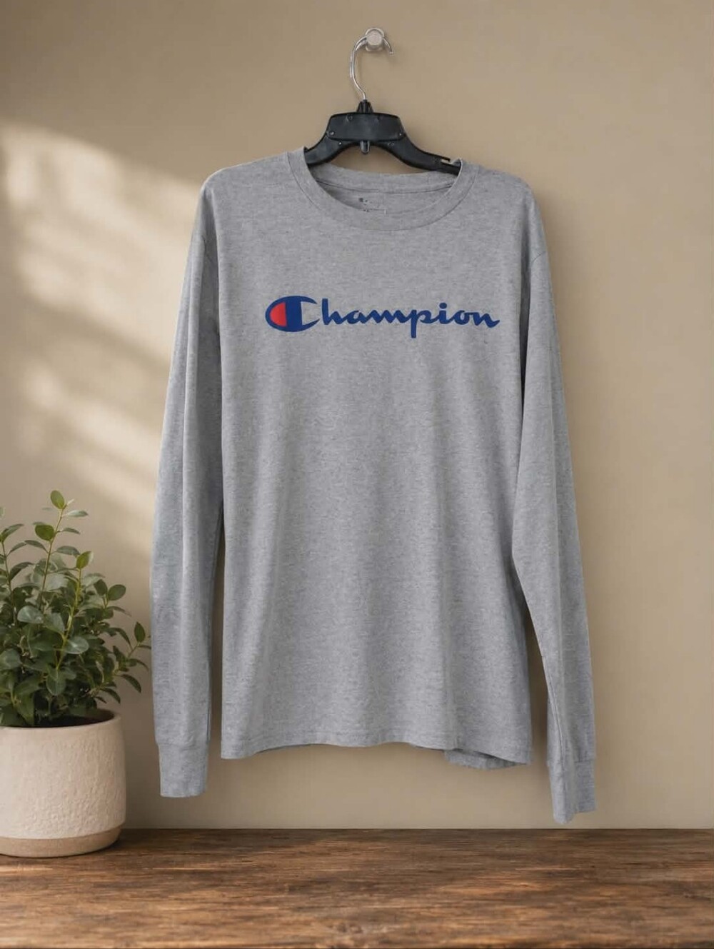 Champion Long Sleeve T-Shirt Gray Script Logo Adult Large 21x27 Athletic Tee